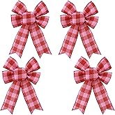 Ftuuo 4PCS Valentine's Day Wreath Bows, Rose Pink Buffalo Plaid Burlap Bow for Wreath Love Rustic Crafts Decor Hanging Ornament Bow for Valentine Indoor Outdoor Wedding Holiday Birthday Party Decor