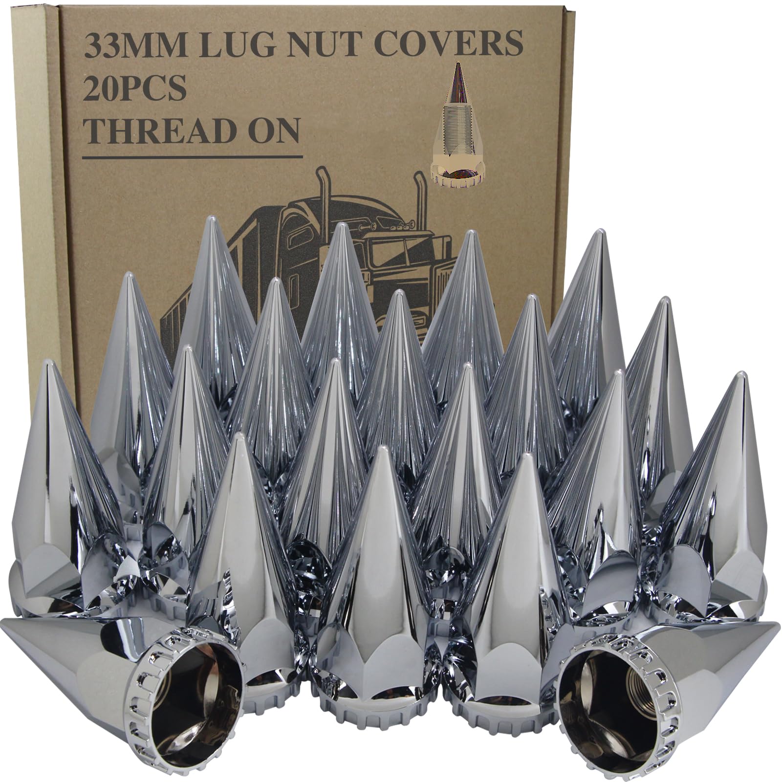 Photo 1 of iBroPrat 20pcs 33mm x 4 3/4" Thread On Spike Lug Nuts Covers,ABS Chrome Plastic Anti-Rust Screw On Flanged Lug Nut Cover Spikes for Semi Trucks