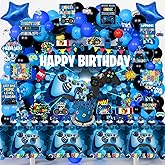 KimaruLZ Video Game Birthday Party Decorations, 179Pcs Gamer Gaming Birthday Party Supplies Decor with Backdrop, Sticker, Balloons, Cake Toppers, Tablecloth, Centerpieces, Hanging Swirls, Wall Signs