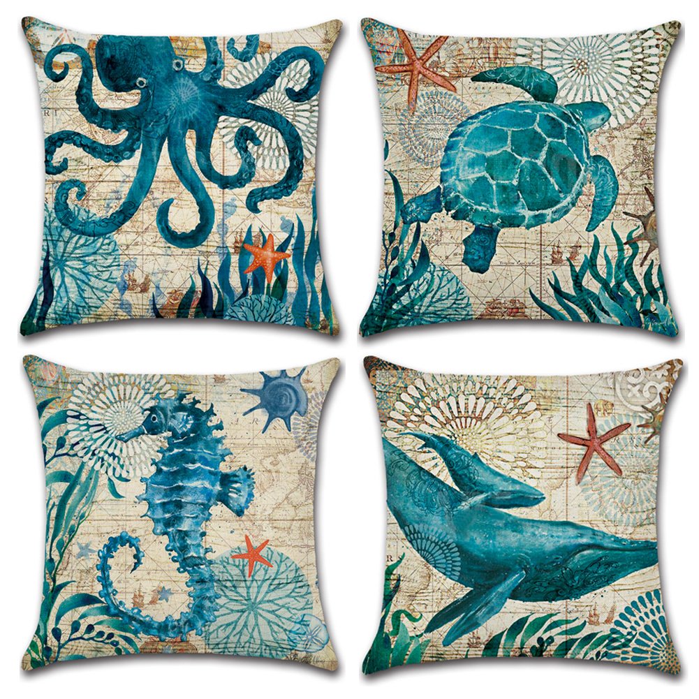 JOTOM Cushion Covers Square Waist Throw Pillow Case Cover for Outdoor Home Bed Sofa Car Decor 45 x 45cm, Set of 4 (Marine Animal 2) — image 1