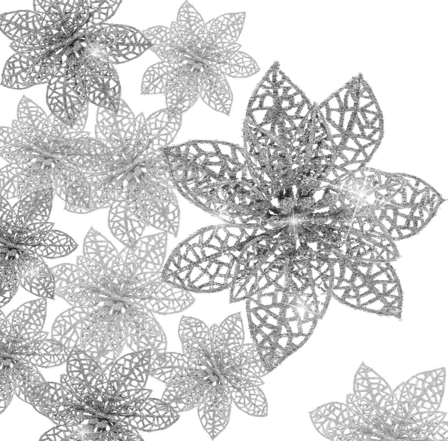 KAHEIGN 30Pcs Christmas Glitter Poinsettia, 7.5/10 /15cm Christmas Tree Ornament Christma Flowers Decor Ornament for Wreaths Garland (Silver)