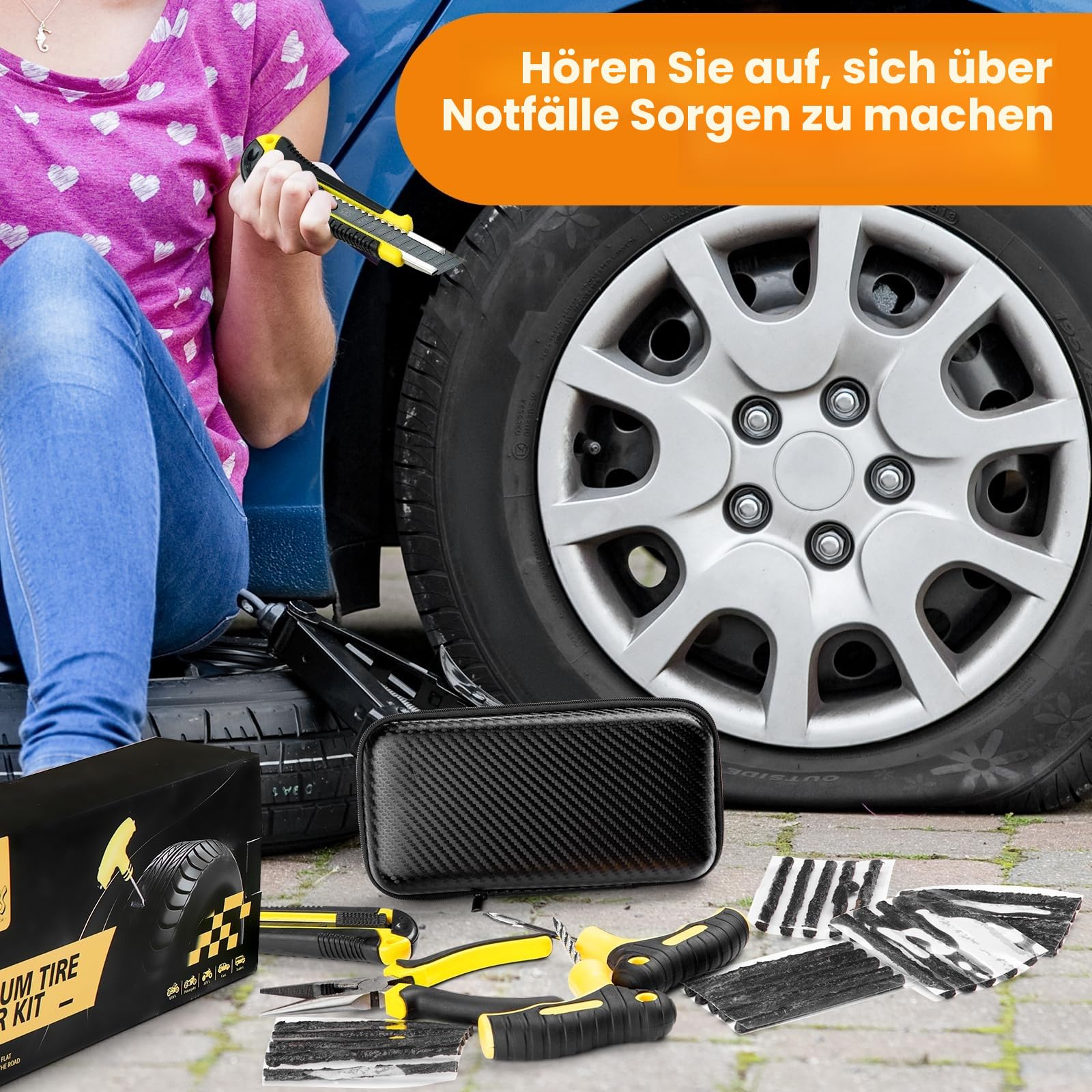 Reparaturset für platte Reifen, Pannenstopfen und Flickset mit Dichtmittel 7