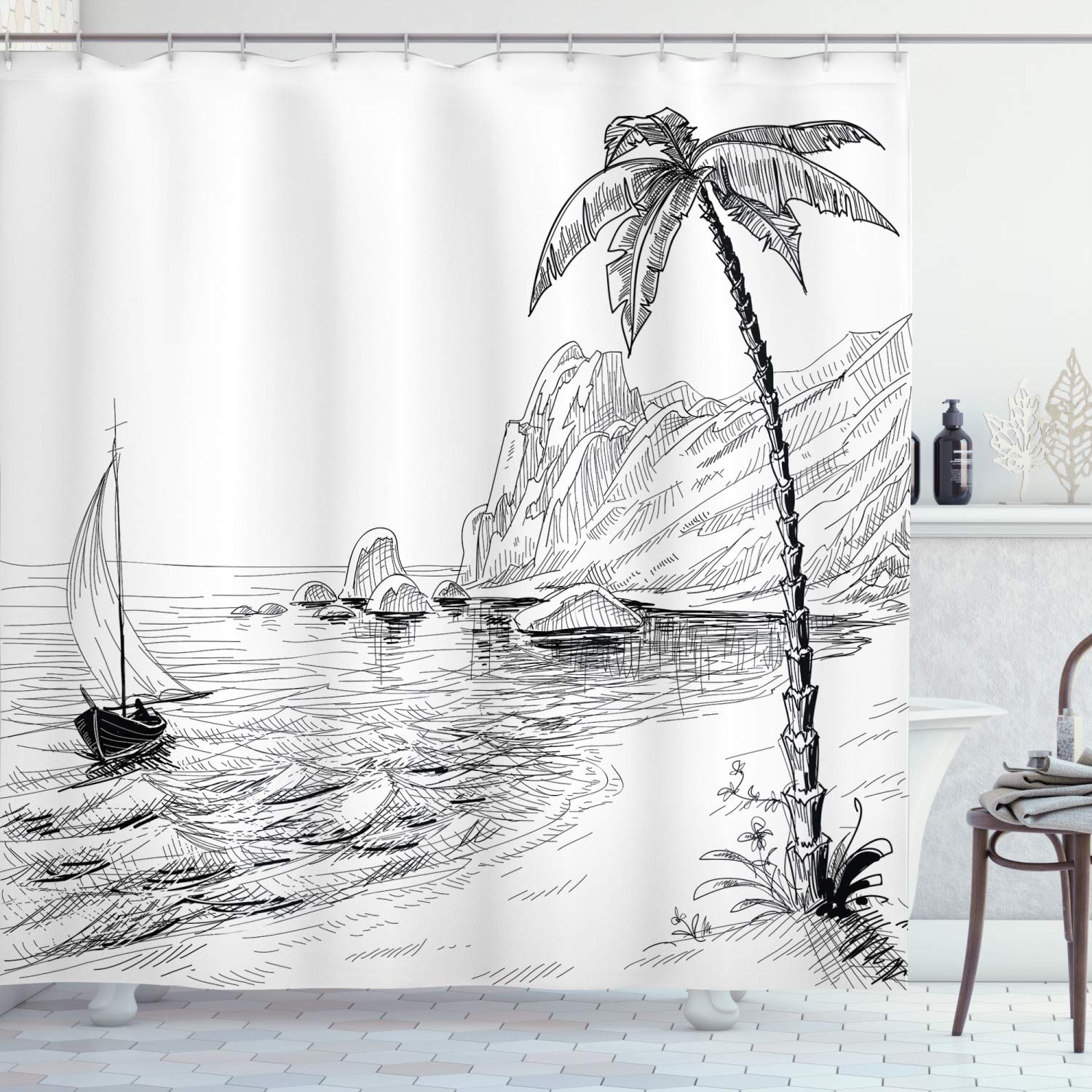 ABAKUHAUS Black and White Shower Curtain, Sea Coast Beach with Palm Tree Boat and Hills Exotic Holiday Vacation, Cloth Fabric Bathroom Decor Set with Hooks, 86 Inches Extra Long, Black White โ image 1