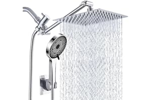 ASHWANTH Shower Head System,8”Rain Shower Head with Handheld Spray Combo and Adjustable Extension Arm/3-Way Flow Regulator,Chrome