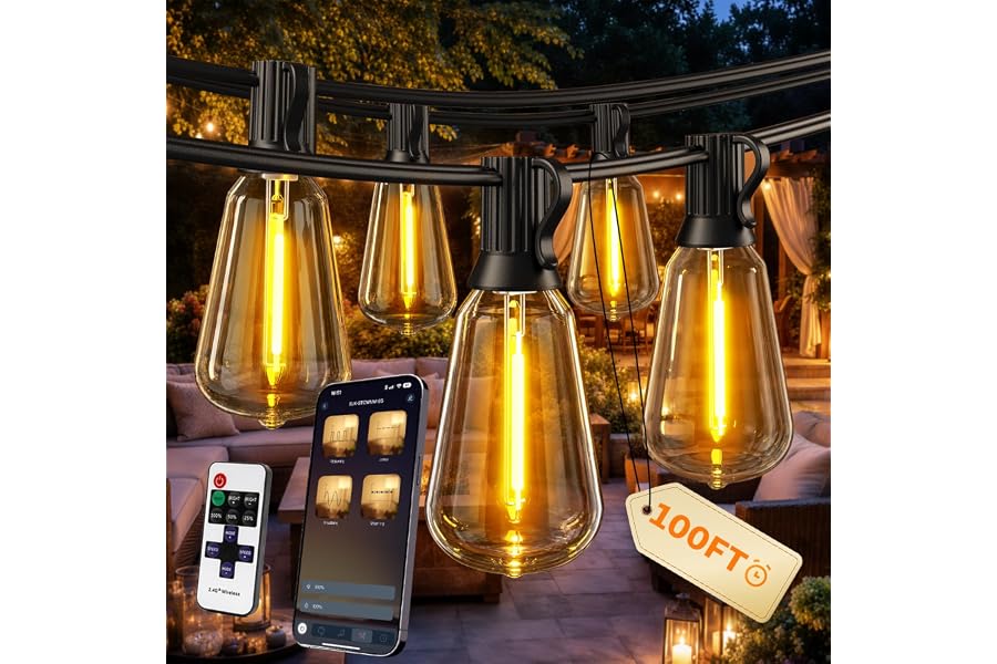 Ecoeve Outdoor String Lights, 100 FT Patio Lights for Outside | Smart App & Remote Control with Timer, Dimmable with 4 Scene Modes, Warm White Waterproof LED Bulbs for Garden, Yard Decor
