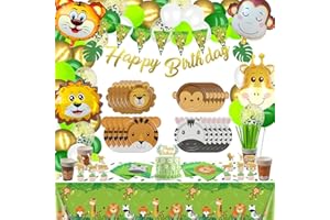 Jungle Safari Birthday Party Decorations, Animal Paper Plates, Safari Tablecloth, Animal Balloons, Happy Birthday Banner, Nap
