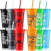 Mifoci Video Game Plastic Cups with Lids and Straws Reusable Tumbler with Lid and Straw Cute Iced Coffee Travel Cups Mug Water Bottle for Adult Kid Gaming Birthday Supplies (Multicolor,12 Pcs)