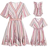 AWIBMK Mommy and Me Matching Dresses Leopard Ruffled Midi Dress Summer Solid Color Stripe Mom Daughter Matching Outfits