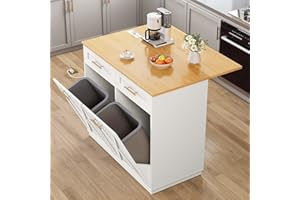 DWVO Kitchen Island with Drop Leaf, 40 Inch Double Tilt Out Trash Can Storage Cabinet with Power Outlet, Mobile Storage Islands on Wheels, Fit Two 10-Gal Garbage Bin, for Kitchen Dining Room, White