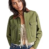 HangNiFang Cropped Barn Jacket for Women 2025 Contrast Collar Outwear Long Sleeve Cotton Short Cargo Jacket with Pockets