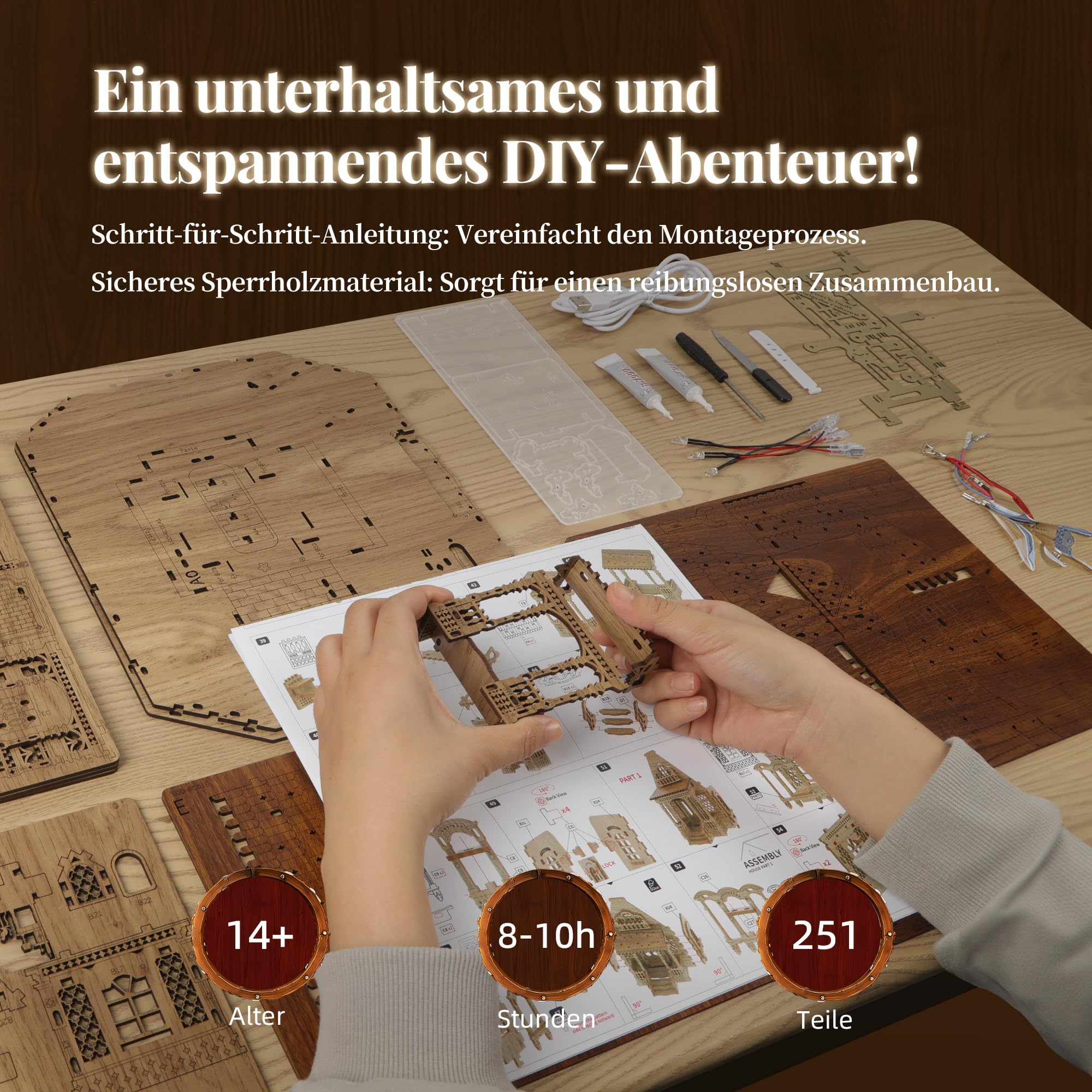 FUNPOLA LED 3D Holzpuzzle für Erwachsene - DIY Miniatur-Bausatz mit LED-Blitz - Erwachsene 3D Handmade Rustic Architecture Home Decor Geschenk (Rural Cottage) 4
