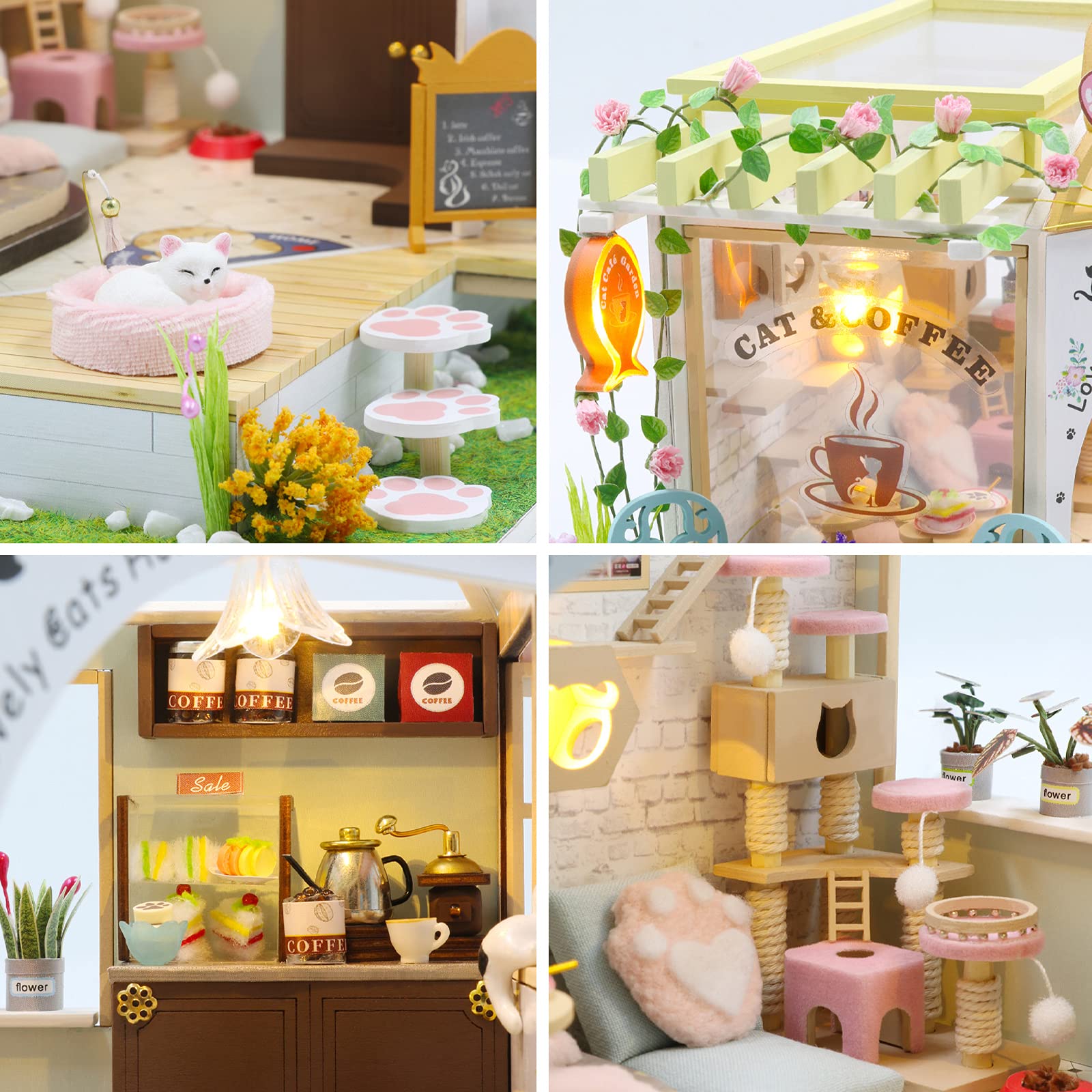 GuDoQi DIY Miniature Dollhouse Kit, Tiny House kit with Music, Miniature House Kit 1:24 Scale, Great Handmade Crafts Gift for Mother's Day Birthday Christmas Day,Lovely Cats' Coffee Shop