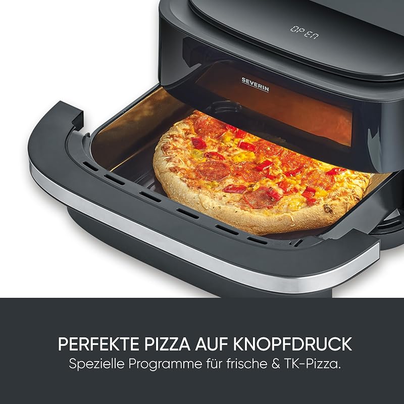 Heißluftfritteuse Pizza & More, Pizzaprogramme, 10 Garprogramme, optimale Wärmeverteilung, extra breite Form, mit Sichtfenster, 4L, 2100W, schwarz, silber, S-Fry, FR 2464