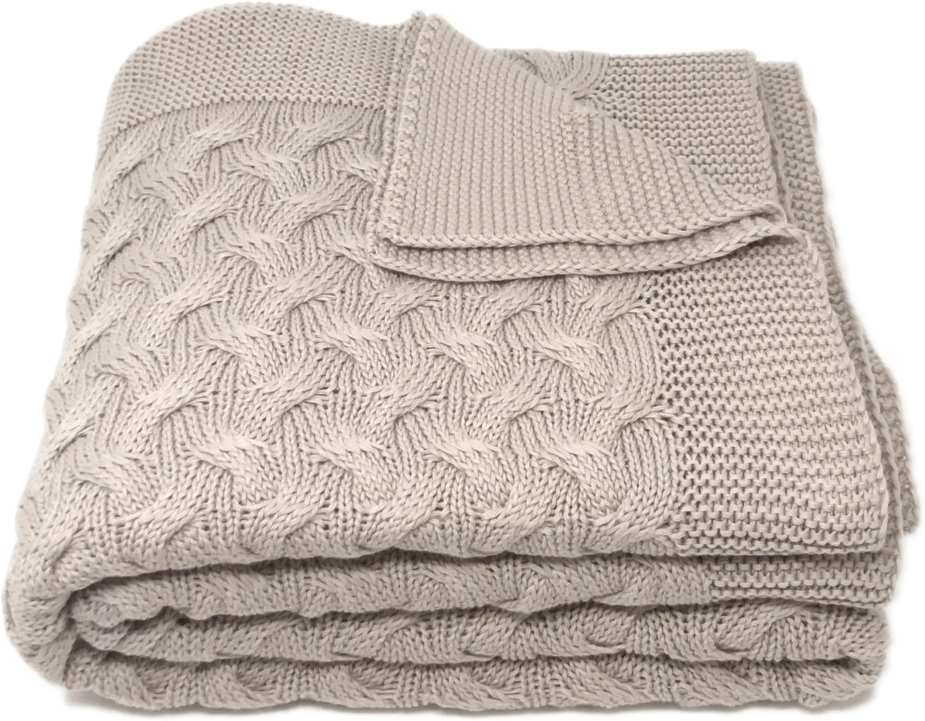 Kuprum Soft 100% Cotton Throw Blanket, Knit Crochet Sweater Texture, for Couch Sofa Bed, Taupe Stone Neutral 51 x 67 Inch