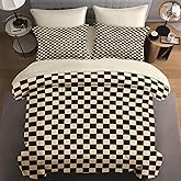 Checkerboard Grid Geometric Plaid Khaki Black Comforter Set 7 Pcs King Size Quilt, Checkered Geometric Retro Soft Bedding Set with Flat and Fitted Sheet Pillowcases Sham for Adults Bedroom Bed Decor