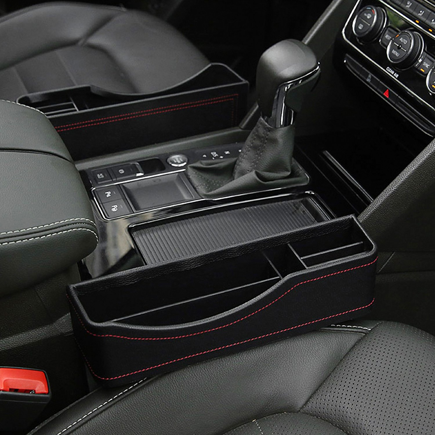 LOCEN PU Leather Console Side Pocket, Car Seat Gap Filler/Organizer/Storage Box (Black)