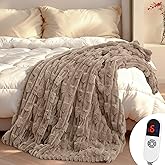 Heated Throw Blanket 50"x60", Electric Blanket with Bamboo Pattern, Luxury Faux Rabbit Fur & Soft Flannel, 6 Heat Settings, 1-4 Hour Auto Shut-Off, Throw Blanket for Couch, Machine Washable, Linen