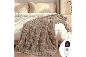 CURECURE Heated Throw Blanket 50"x60", Electric Blanket with Bamboo Pattern, Luxury Faux Rabbit Fur & Soft Flannel, 6 Heat Settings, 1-4 Hour Auto Shut-Off, Throw Blanket for Couch, Machine Washable, Linen
