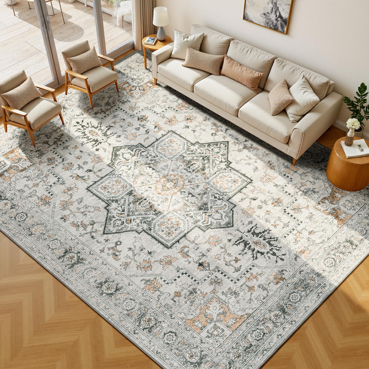 Lessymo 9×12 Area Rugs Washable for Living Room, Large Soft Indoor Rug Non-Slip for Bedroom Kitchen Dining Room Dorm Nursery, Vintage Boho Carpet Stain Resistant for Office Home Decor, Grey/Brown Image