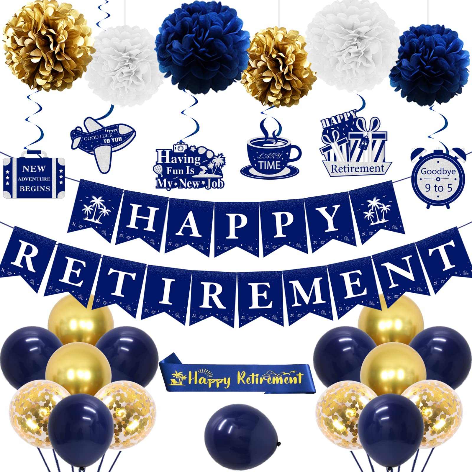 JOYMEMO 30Pcs Retirement Party Decorations Navy Blue Gold for Men Women, Happy Retirement Banner Sash Hanging Swirls Paper Pom Poms and Balloons, Party Decorations Supplies