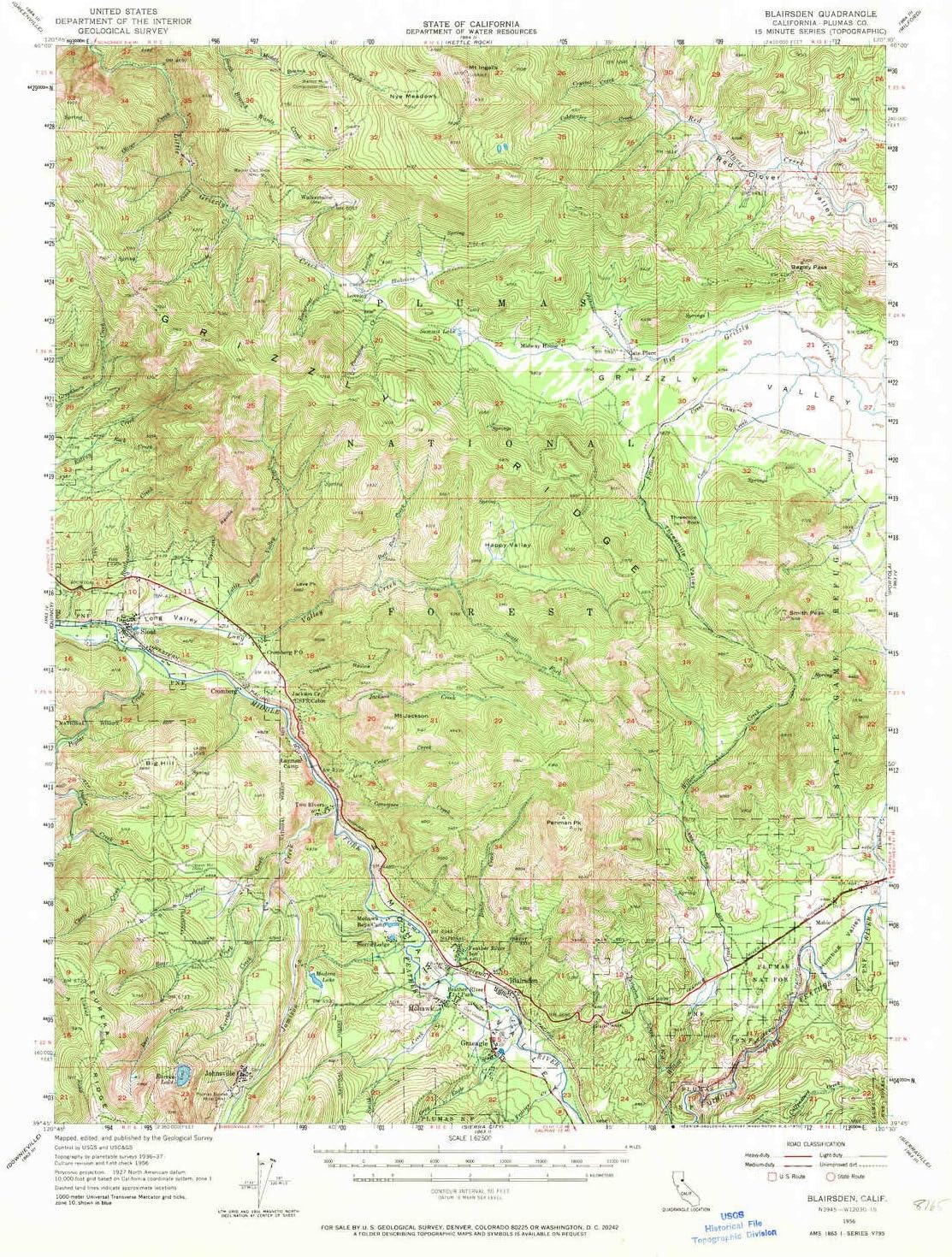 YellowMaps Blairsden CA topo map, 1:62500 Scale, 15 X 15 Minute, Historical, 1956, Updated 1970, 20.8 x 16.6 in