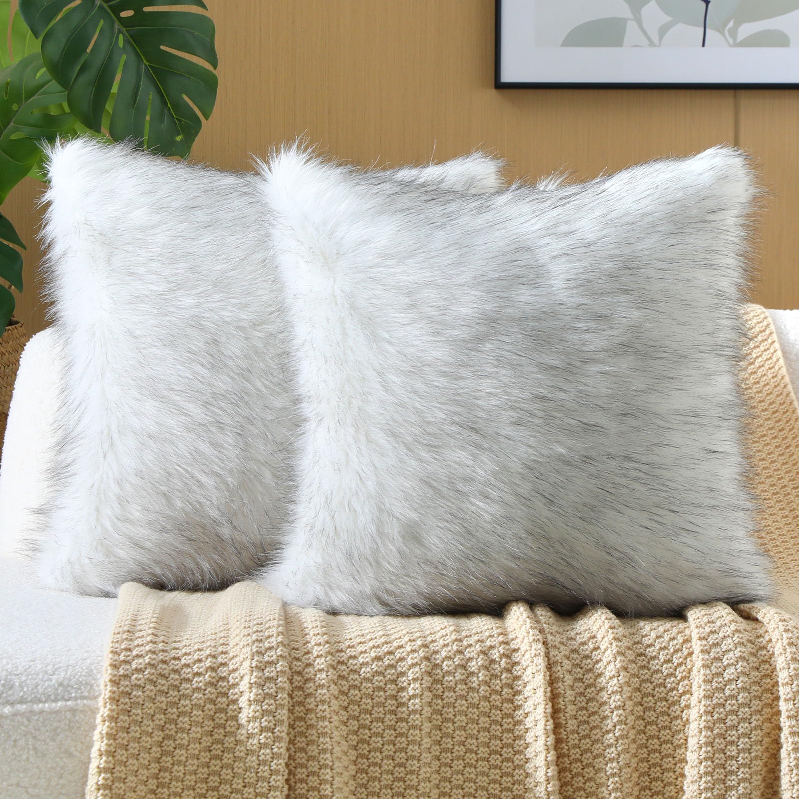 Photo 1 of FUTEI Black White Decorative Throw Pillow Covers 20x20 Inch Set of 2,Soft Fluffy Faux Fox Fur Textured Cushion Case,Modern Home Decor for Couch Living Room