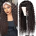 Headband Wig Human Hair Deep Wave Half Wigs Glueless None Lace Front Wigs with Headband Attached Brazilian Human Hair Headband Wigs Glueless Curly Hair for Black Women(14 Inch, Chocolate Brown)