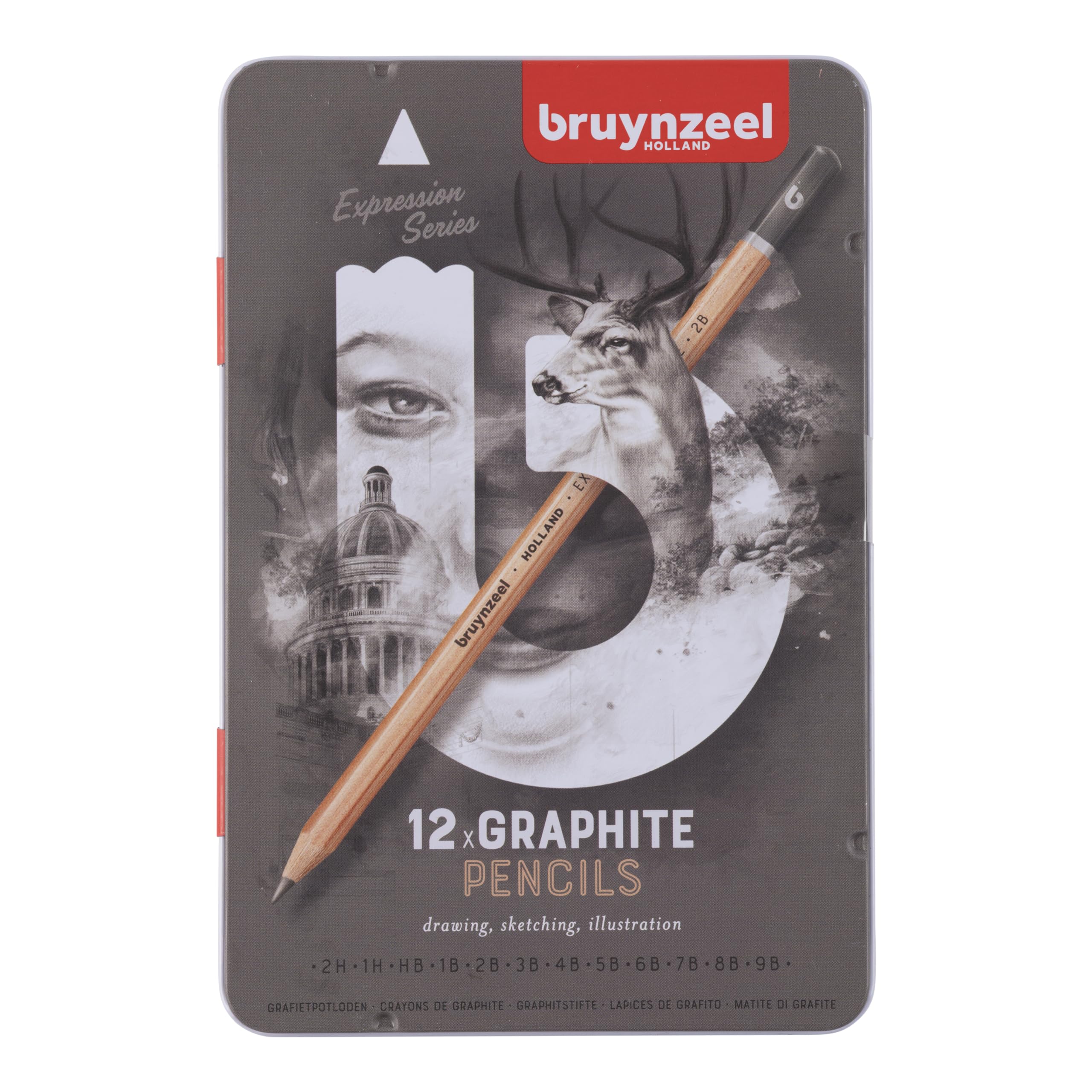 Bruynzeel Expression Graphite Pencil Set of 12 in Tin | 2H – 9B Pencils for Sketching and Drawing