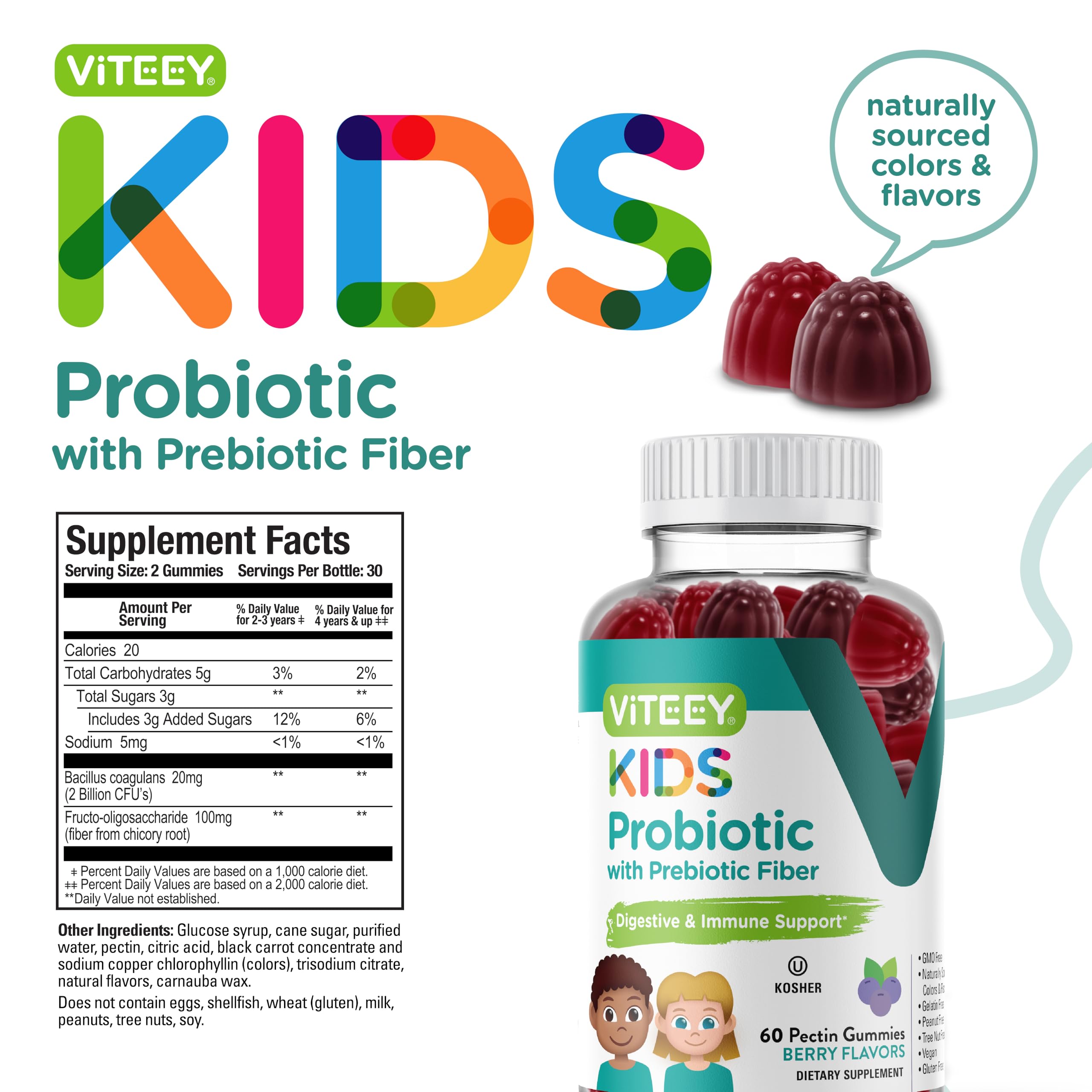 Viteey Probiotic Gummies for Kids Plus Prebiotics Fiber - 2 Billion CFUs - Digestive Health,Gut Health, Constipation Relief for Kids Support - Vegan, Gelatin Free - Chewable Probiotic Berry Flavored