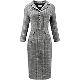 Hobemty Women's 3/4 Sleeve Sheath Dress Collared Vintage Tweed Dress