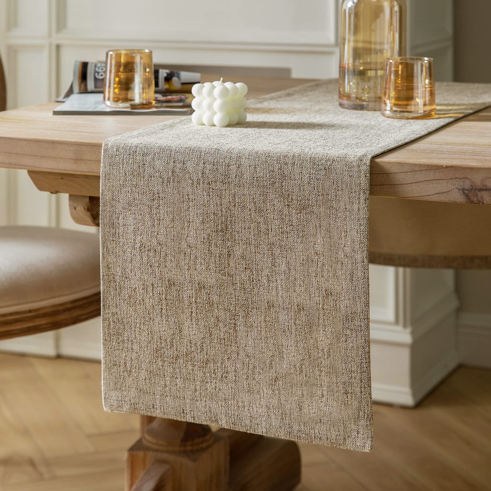 Photo 1 of ZeeMart Burlap Style Farmhouse Table Runners 72 Inches Long, Beige Rustic Woven Dining Table Runner for Everyday Use, 14x72 Inches, Oatmeal Beige