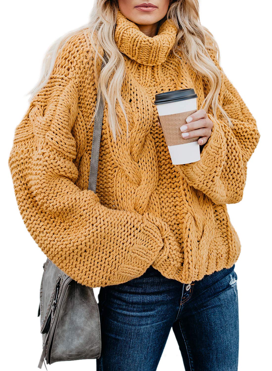 Women Cable Knit Turtleneck Sweater Casual Thick Long Sleeve Tops Pullover