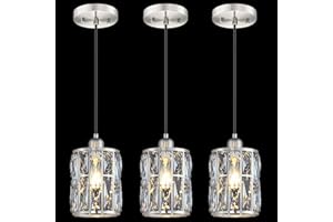 DORAIMY LIGHTING 3 Pack 1 Light 5.3" Crystal Hanging Kitchen Island Pendant Light Brushed Nickel Finish,Concise Pendant Fixture Crystal Plate Metal Shade for Bar,Dining Room,Living Room Over Sink