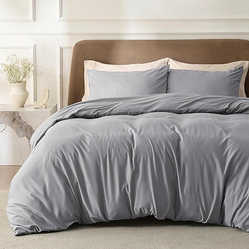 Bedsure 260x220cm Duvet Cover Set - Superking Brushed Microfiber Bed Cover Set with Zipper Closure, Quilt Bedding Cover with 2 Pillowcases, Light Grey