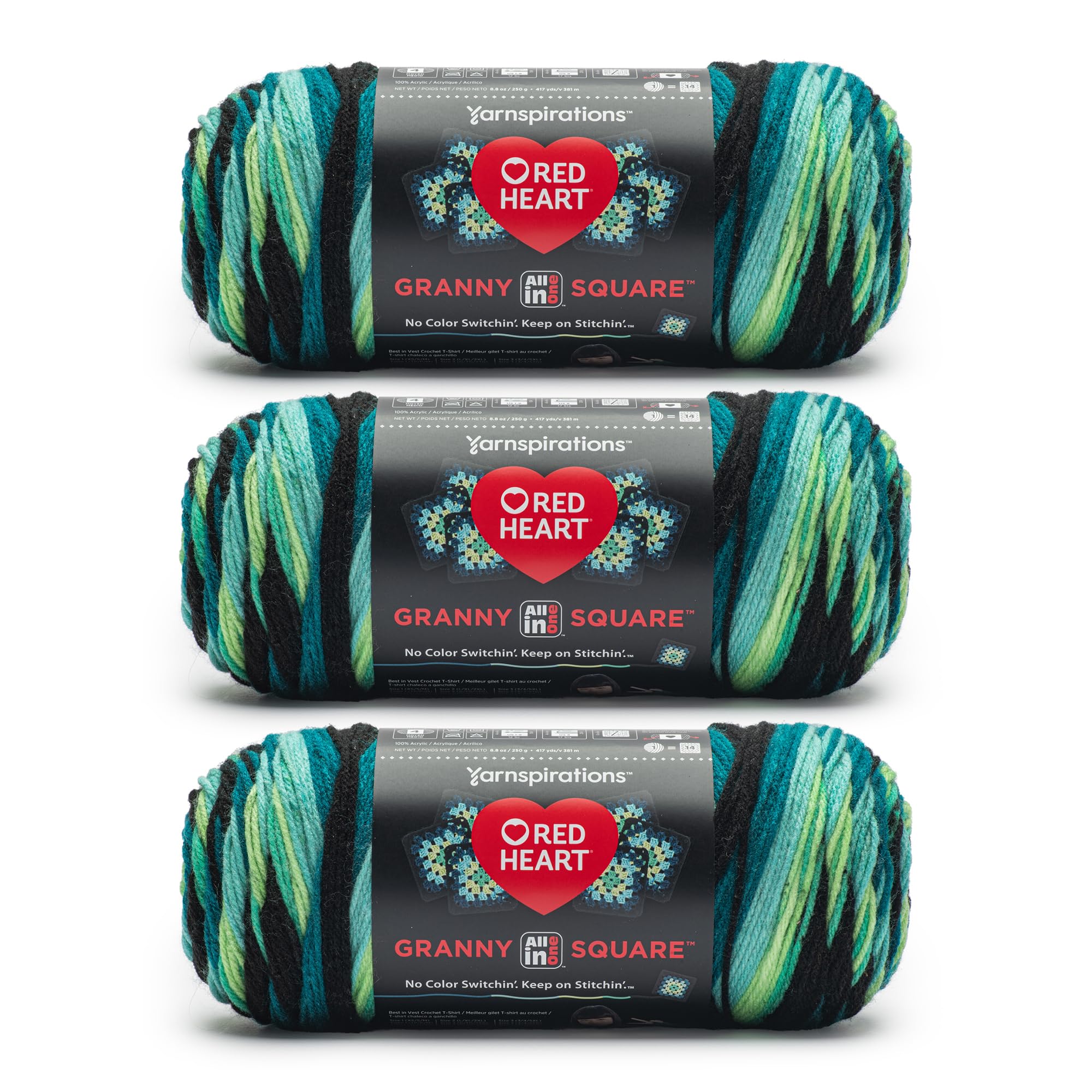 Red Heart All in One Granny Square Black- Cyber Leaf Yarn - 3 Pack of 250g/8.8oz - 100% Acrylic - #4 Worsted (Medium) - 381m/417Yards - for Knitting, Crochet and Amigurumi