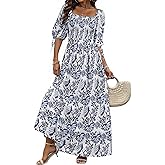 Women Boho Maxi Dresses Summer 2026 Puff Sleeve Square Neck Smocked Aline Casual Ruffle Tiered Flowy Beach Long Dress Pocket