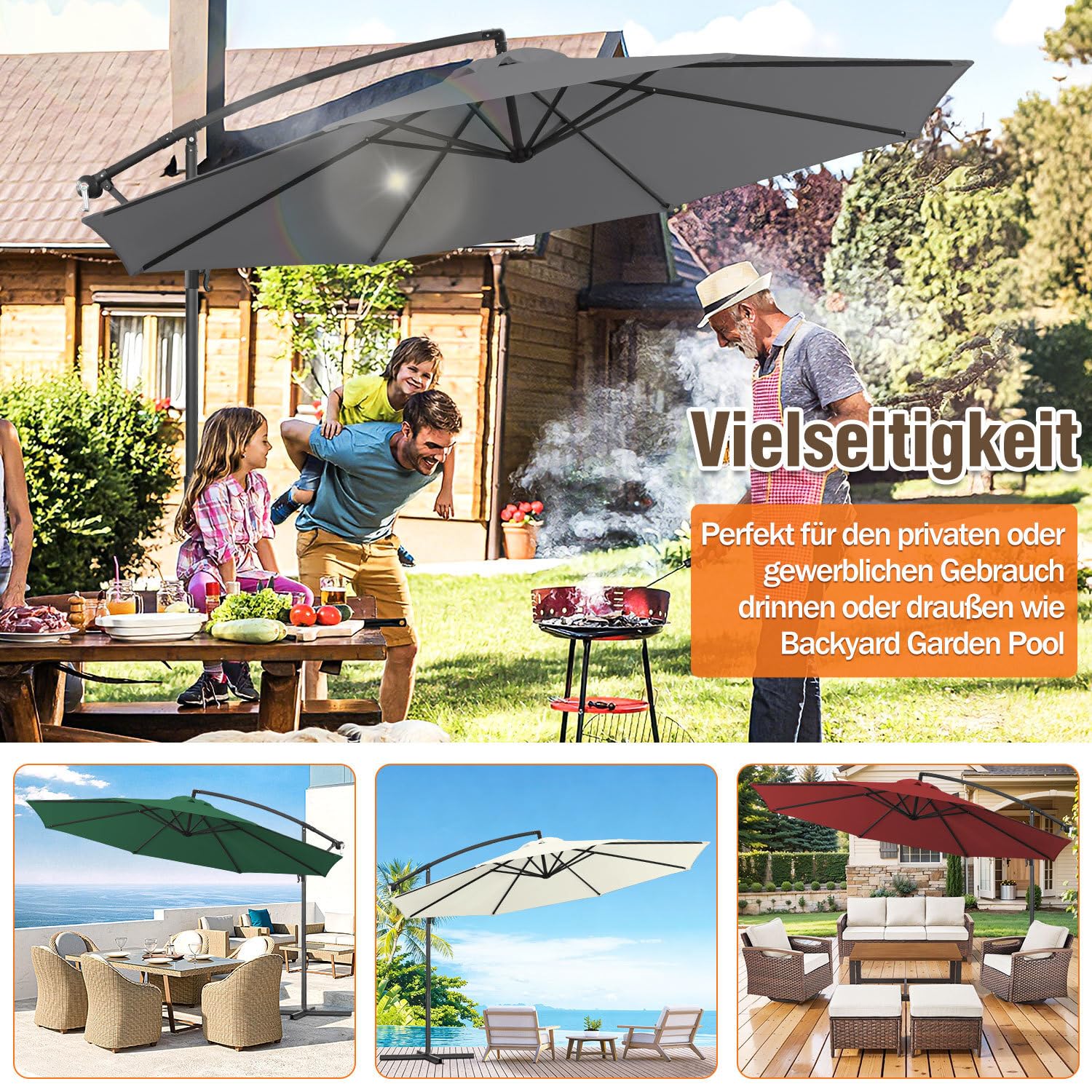 Joparri Sonnenschirm Beige Ø 300 cm mit Kurbel| Ampelschirm mit Ständer | Gartenschirm Sonnenschutz UV-Schutz Aluminium | Kurbelschirm Marktschirm wasserdicht 7