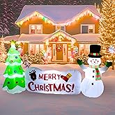 PTS 10FT Inflatable Snowman with Tree and Sign Outdoor Decoration, Christmas Blow Up Yard Decorations, Built-in LED Lights Inflatables Xmas Holiday Funny Decor for Indoor Lawn Garden