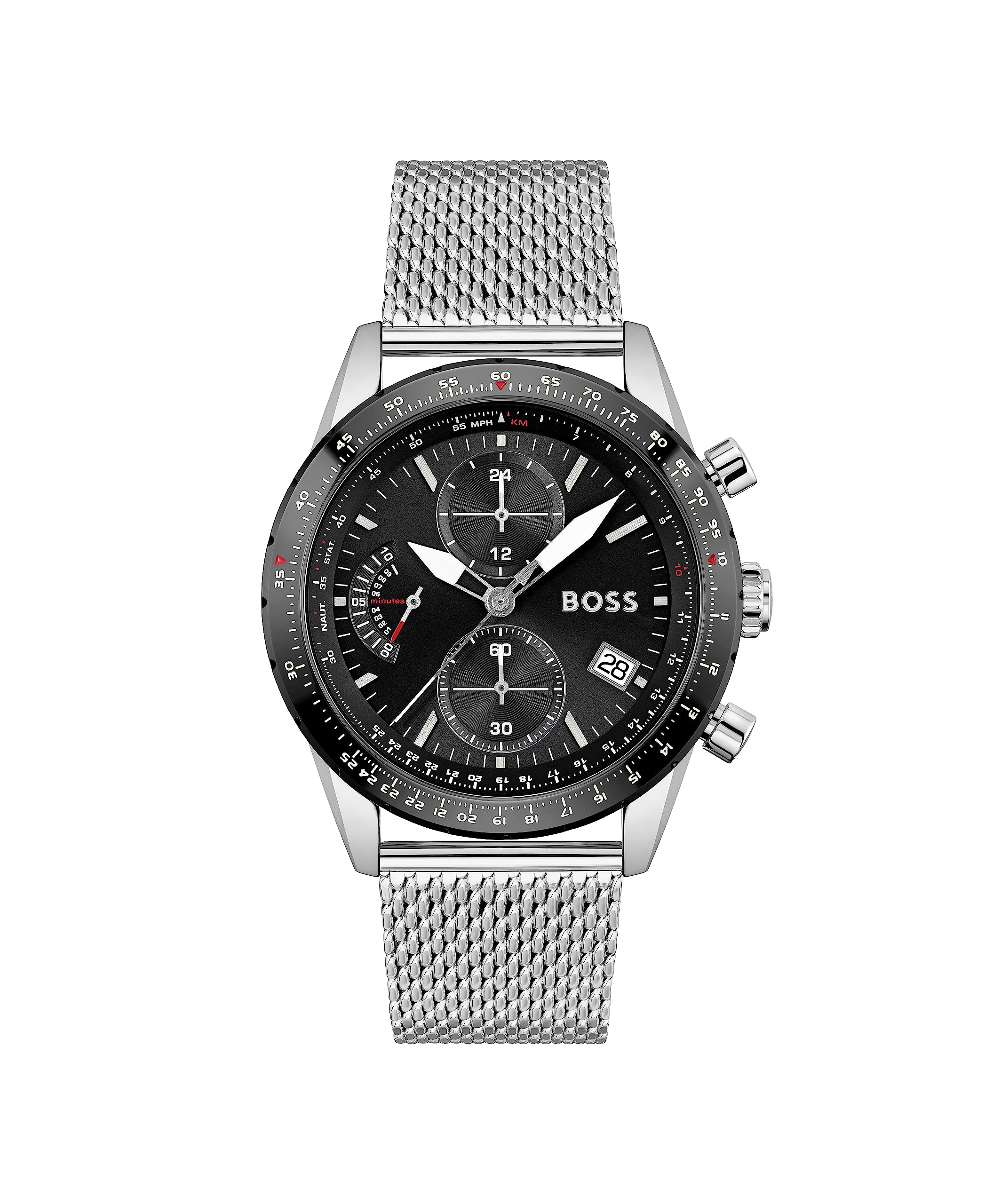 BOSS Chronograph Quartz Watch for Men Pilot Edition Chrono Collection with Silver Stainless Steel Mesh Bracelet - 1513886