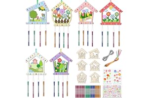 TREACLUB 12PCS Birdhouse Wind Chime Kit for Kids Make Your Own Hollow Out Bird House Wind Chime DIY Coloring Wood Crafts Spring Wooden Arts and Crafts for Boys Girls School Activities Party Decoration