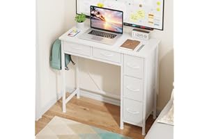 HIGDBFE Small Desk with 5 Fabric Drawers, 33 Inch Writing Desk for Home Office, Simple PC Desks for Small Place, Kids Girls T