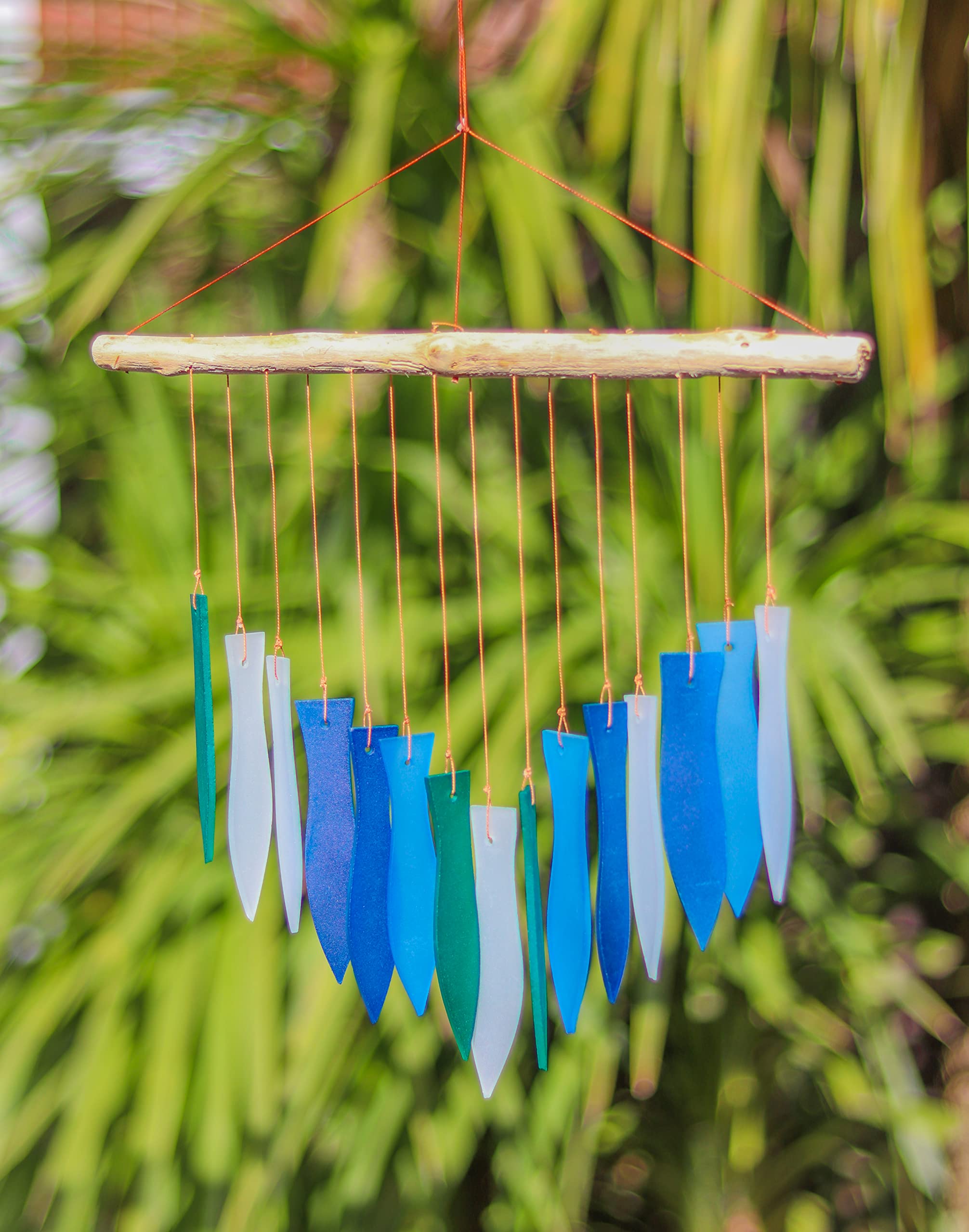 Blue Fish Glass Wind Chime Recycled Glass and Bamboo Driftwood Garden Chime Hanging Outdoors Indoors Multicoloured Fairtrade Eco Friendly Handmade