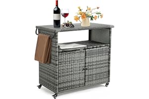 HOMEFUN Outdoor Grill Carts with Storage Cabinet - Outside Bar Cart with Wheels Wicker Patio Kitchen Island Table Weatherproof Prep Stand, Grey