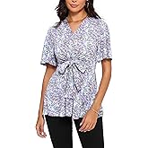 MOQIVGI Womens Dressy Casual Short Sleeve V Neck Tops Trendy Elegant Bow Tie Front Floral Blouses