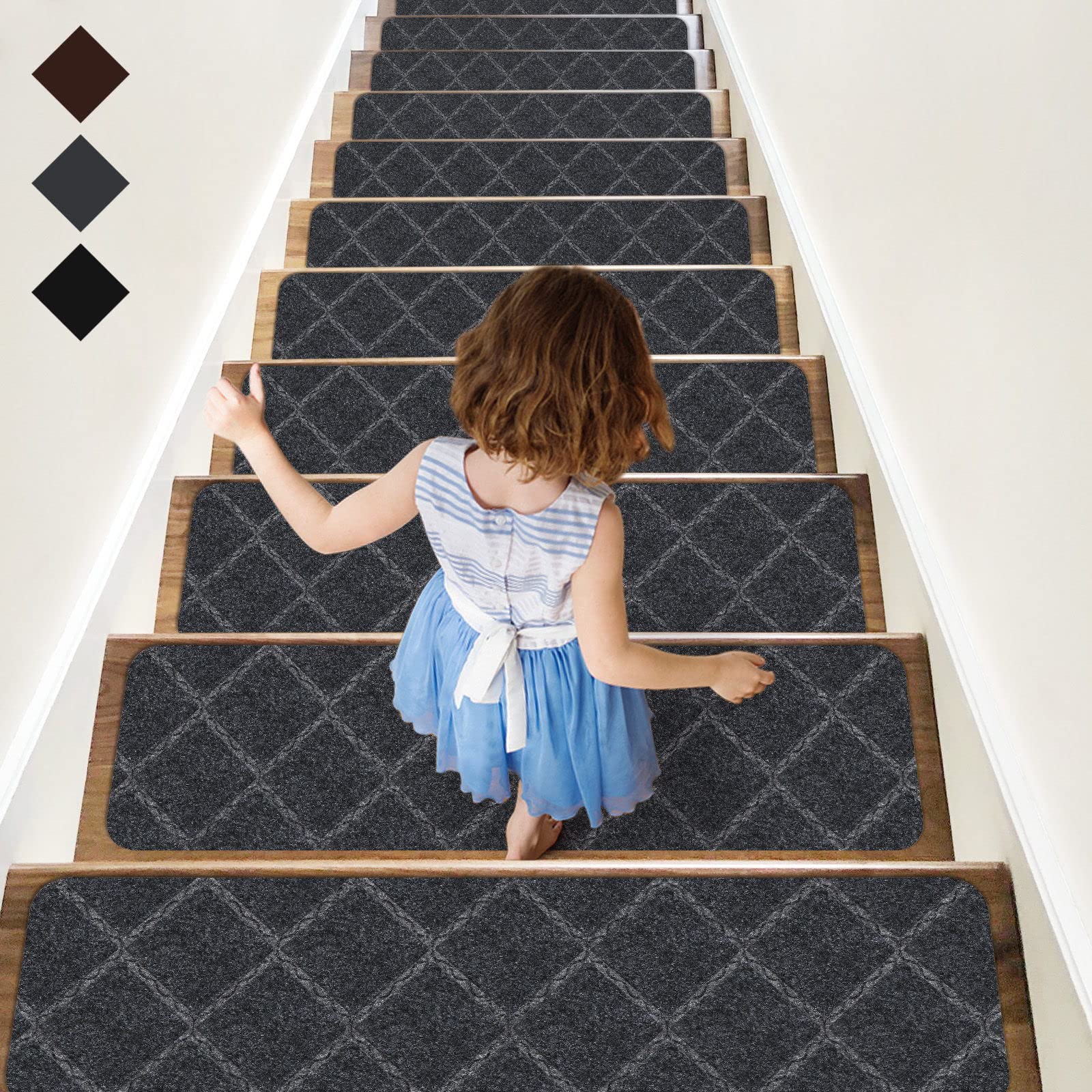 Photo 1 of RIOLAND Stair Treads Carpet Non-Slip Indoor 15 PCS Wood Stair Treads Rugs Anti Moving Modern Stair Runners Safety for Kids Dogs, 8" X 30", Diamond Gray