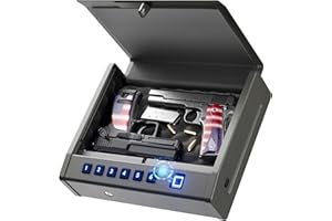 Grimtron Biometric Gun Safe for Handgun – Quick Access Pistol Safe with 100 Fingerprints, Backlit Keypad & Backup Keys – Gun Lock Box for Nightstand, Bedside, Car, Truck & Vehicle Use