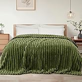 Exclusivo Mezcla King Size Flannel Fleece Blanket, Super Soft Striped Jacquard Bed Blanket, Lightweight Fuzzy Cozy for All Seasons, 90x104 Inches, Olive Green