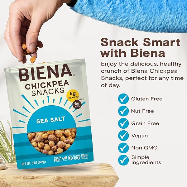 BIENA CHICKPEA SNACKS – CRUNCHY ROASTED CHICKPEAS – HIGH FIBER VEGAN PROTEIN SNACKS FOR ADULTS AND KIDS – 4-PACK, 5 OUNCE BAGS – SEA SALT