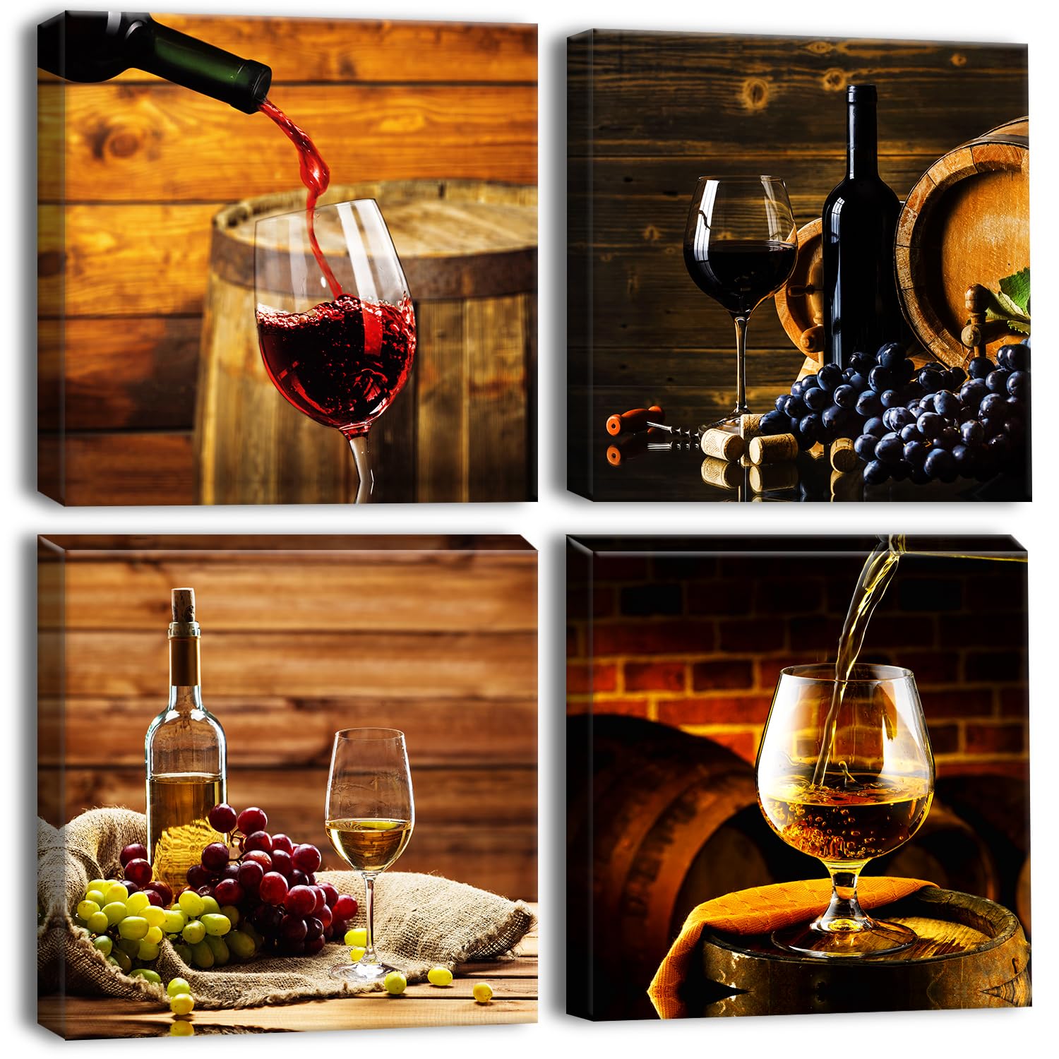 Artscope 4 Pieces Wall Art Canvas Prints - Romantic Wine Picture Painting- Modern Wall Artwork Framed for Bathroom Home Office Decor - 30 x 30 CM