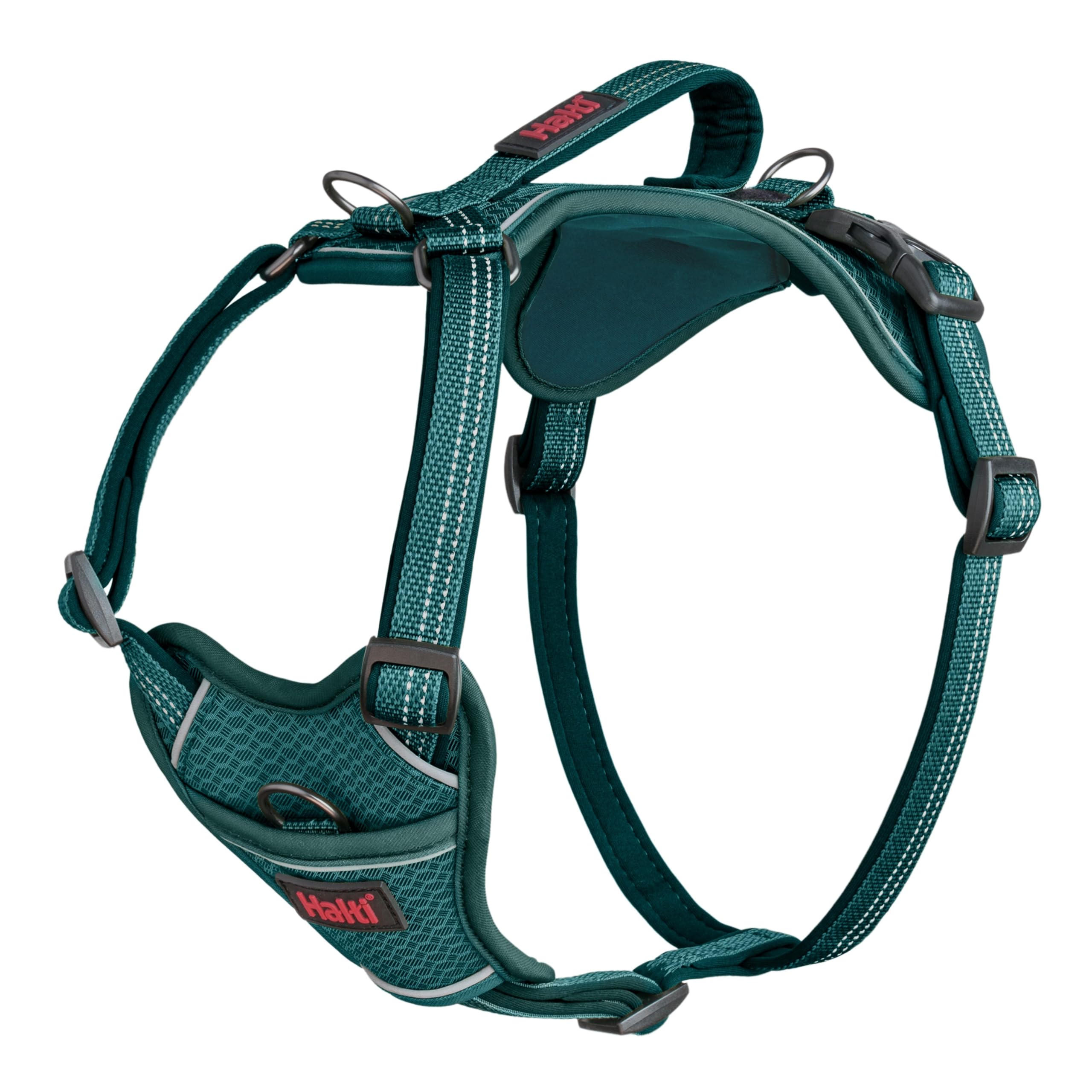 Halti Anatomy Dog Harness with Handle - Provides Your Dog Freedom of Movement for Comfortable Walking. 3 Lead Attachment Points, Neoprene Padded, Adjustable, and Reflective (Size Medium, Teal)
